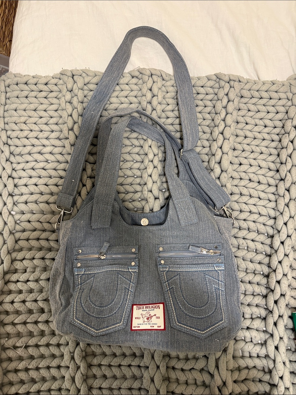 True Religion Denim Tote Shoulder Bag - Gray Blue